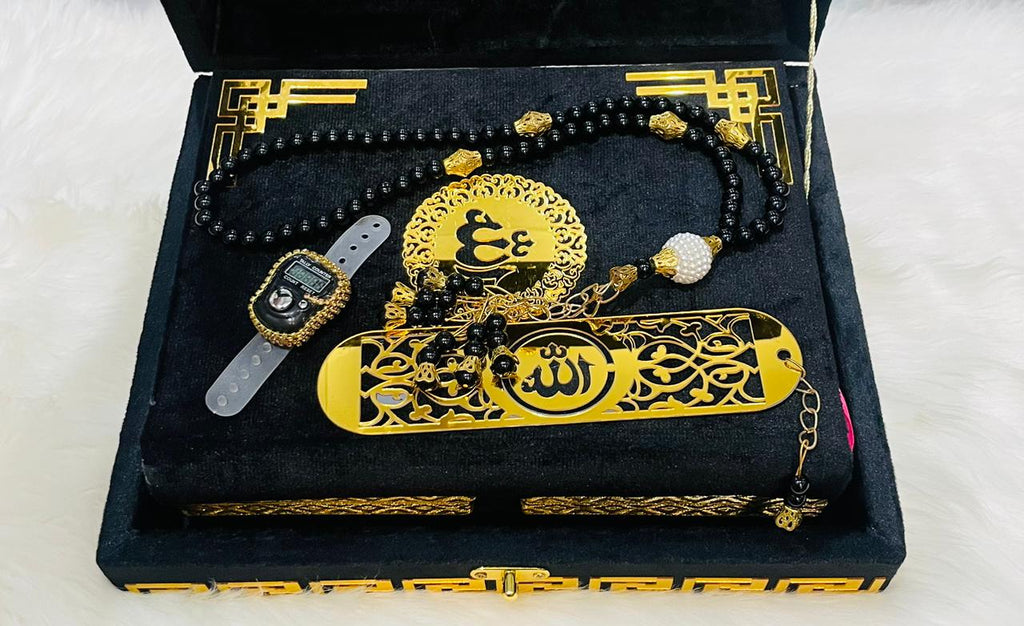 Black Acrylic Box Quran Pak with Rehal, Counter, and Tasbeeh