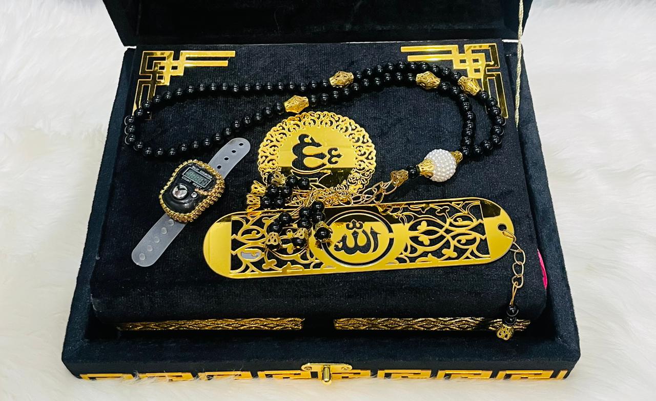 Black Acrylic Box Quran Pak with Rehal, Counter, and Tasbeeh