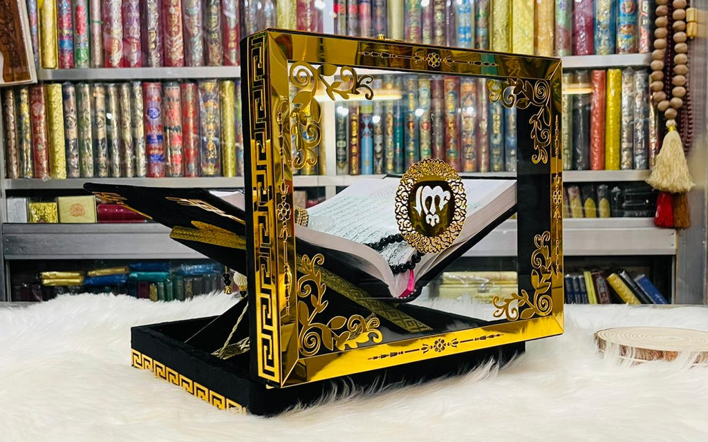 Black Acrylic Box Quran Pak with Rehal, Counter, and Tasbeeh