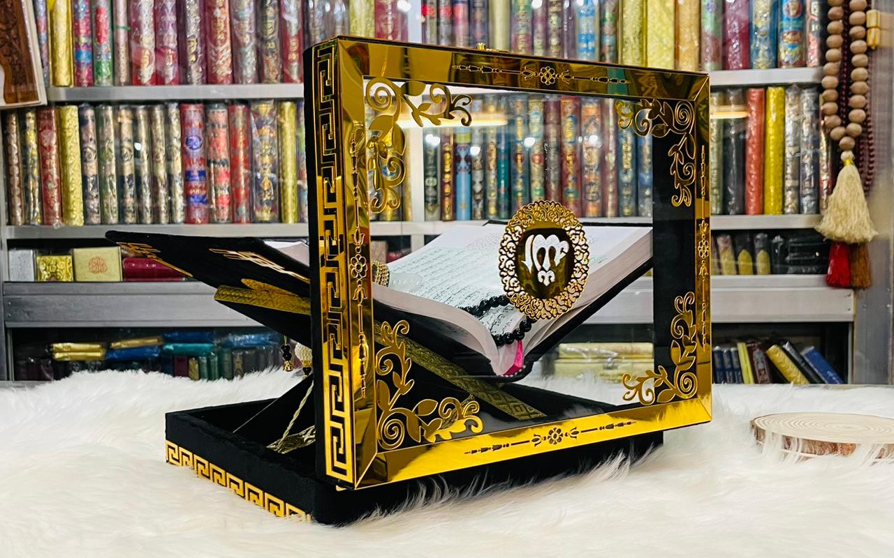 Black Acrylic Box Quran Pak with Rehal, Counter, and Tasbeeh