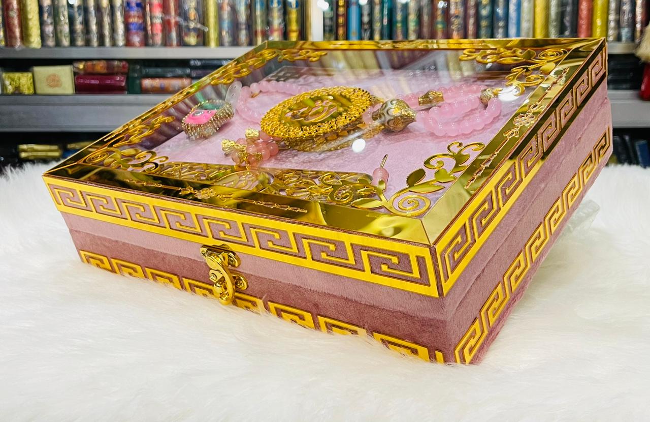 Pink Acrylic Box Quran Pak with Rehal, Tasbeeh, and Counter