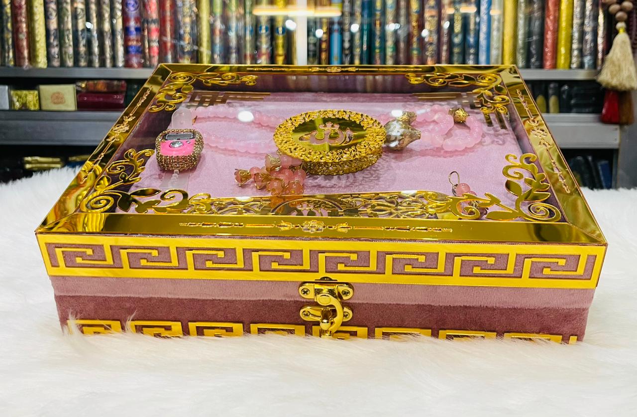 Pink Acrylic Box Quran Pak with Rehal, Tasbeeh, and Counter