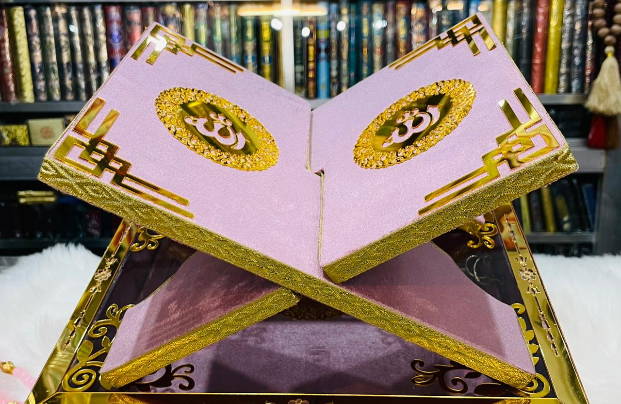 Pink Acrylic Box Quran Pak with Rehal, Tasbeeh, and Counter